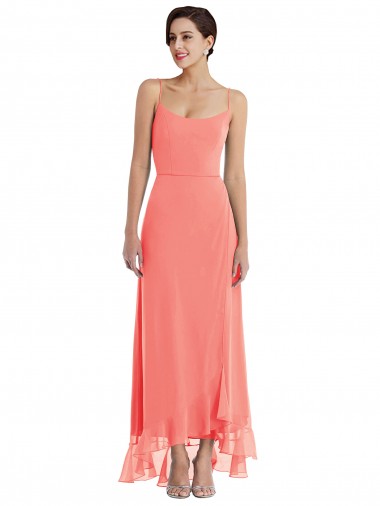 A-Line Scoop Neck Soft Chiffon Long Coral High Low Bridesmaid Dress Barrie