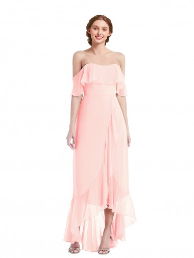 A-Line Off the Shoulder Soft Chiffon Long Pink High Low Bridesmaid Dress Barrie