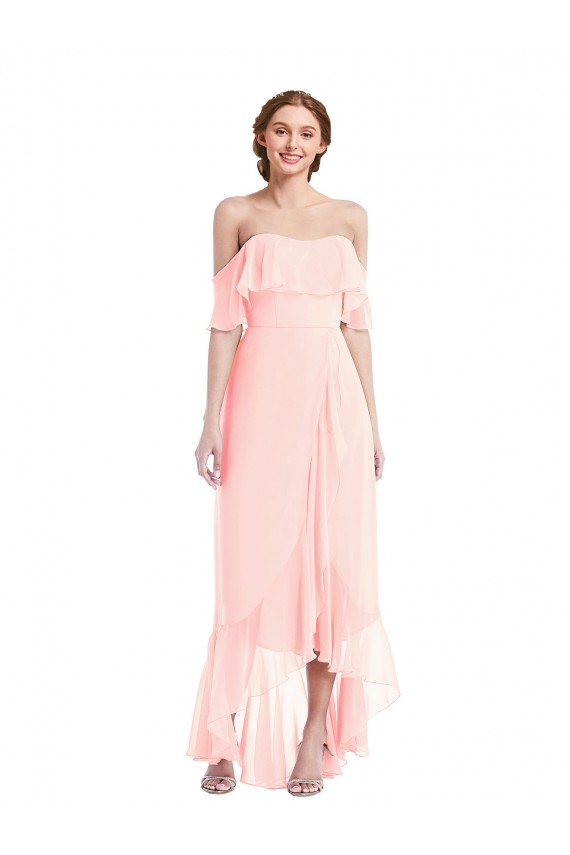 A-Line Off the Shoulder Soft Chiffon Long Pink High Low Bridesmaid Dress Barrie