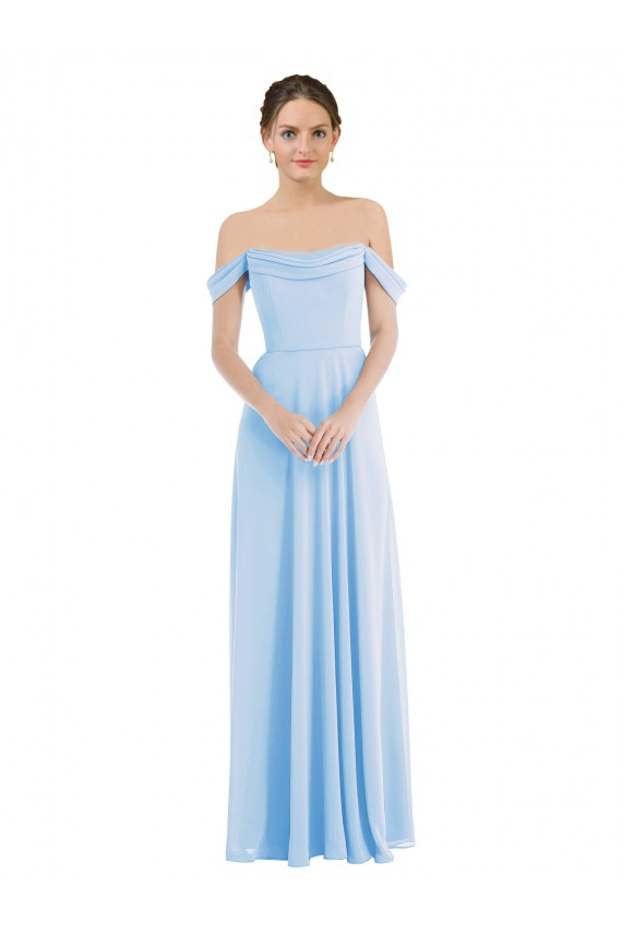 A-Line Off the Shoulder Soft Chiffon Long Light Sky Blue Formal Evening Gown / Bridesmaid Dress Barrie