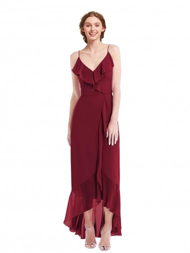 A-Line V-Neck Soft Chiffon Long Burgundy High Low Evening Gown / Bridesmaid Dress Barrie