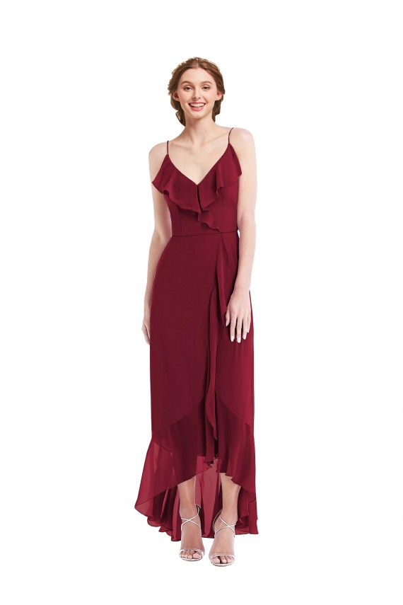 A-Line V-Neck Soft Chiffon Long Burgundy High Low Evening Gown / Bridesmaid Dress Barrie