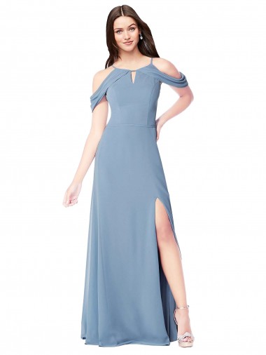 A-Line Off the Shoulder Soft Chiffon Long Dusty Blue Evening Dress / Bridesmaid Dress Barrie