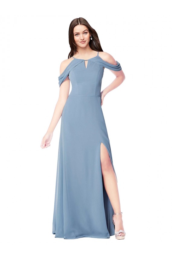 A-Line Off the Shoulder Soft Chiffon Long Dusty Blue Evening Dress / Bridesmaid Dress Barrie
