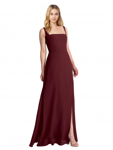 A-Line Square Neck Soft Chiffon Long Burgundy Gold Bridesmaid Dress Barrie