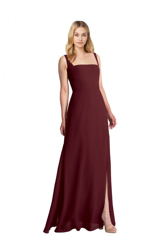 A-Line Square Neck Soft Chiffon Long Burgundy Gold Bridesmaid Dress Barrie