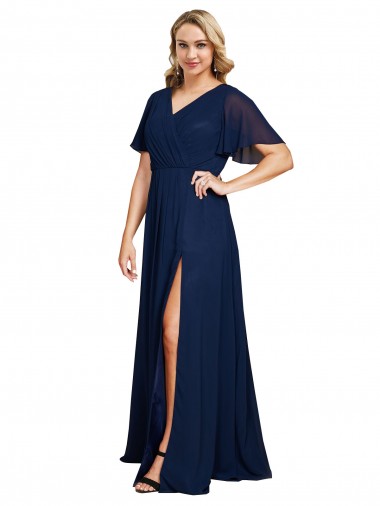 A-Line V-Neck Soft Chiffon Long Dark Navy Formal Plus Size Evening Gown / Prom Dress / Bridesmaid Dress Barrie