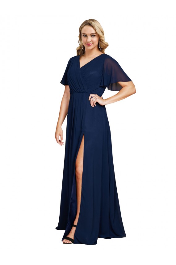 A-Line V-Neck Soft Chiffon Long Dark Navy Formal Plus Size Evening Gown / Prom Dress / Bridesmaid Dress Barrie