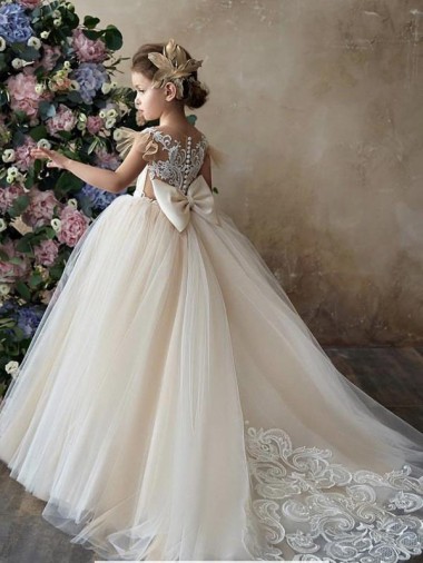 Ball Gown Sweetheart Tulle & Lace Chapel Train Champagne Flower Girl Dress Barrie