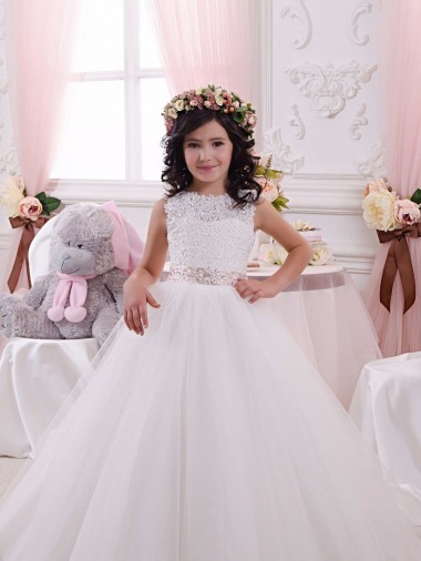 Ball Gown Bateau Neck Tulle & Lace Chapel Train Ivory Flower Girl Dress Barrie