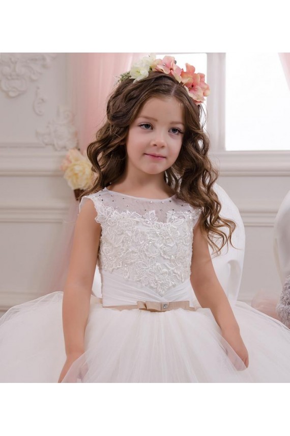 Ball Gown Bateau Neck Tulle & Lace Chapel Train Ivory Flower Girl Wedding Dress Barrie