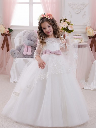 Ball Gowns Bateau Neck Tulle & Lace Chapel Train Ivory Flower Girl Dress Barrie