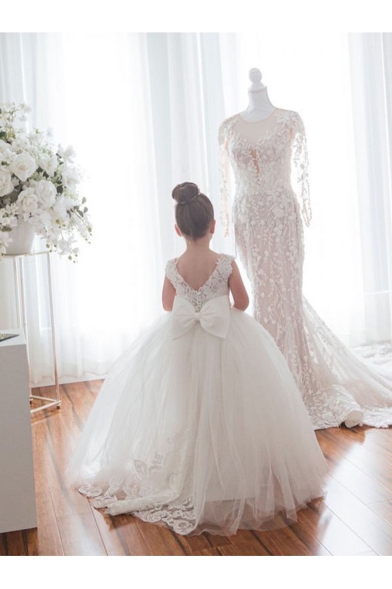 Ball Gown Bateau Neckline Tulle & Lace Chapel Train Ivory Flower Girl Dress Barrie