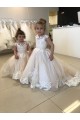 Ball Gown Bateau Neck Tulle & Lace Chapel Train Ivory Little Flower Girl Dress Barrie