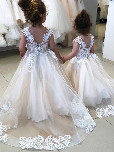 Ball Gown Bateau Neck Tulle & Lace Chapel Train Ivory Little Flower Girl Dress Barrie