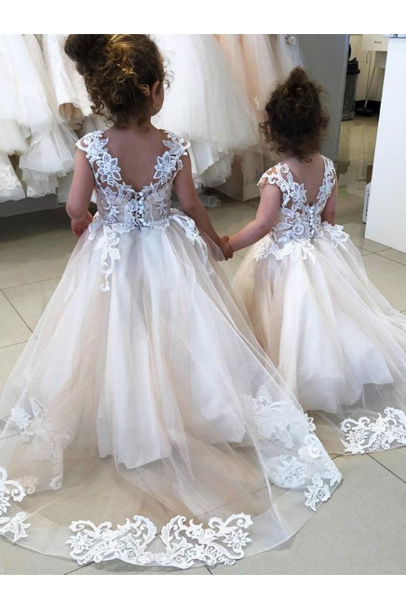 Ball Gown Bateau Neck Tulle & Lace Chapel Train Ivory Little Flower Girl Dress Barrie