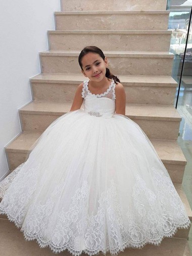 Ball Gown High Neck Tulle & Lace Long Ivory Flower Girl Dress Barrie