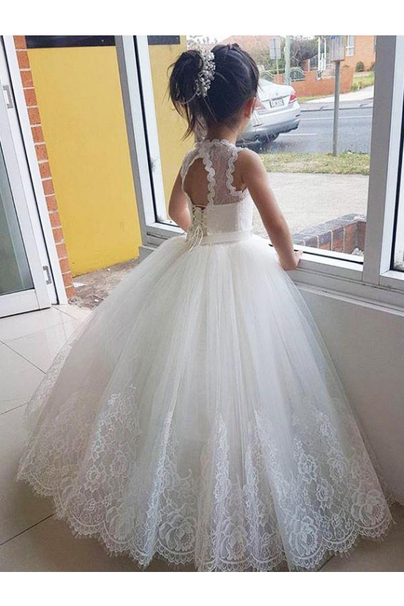 Ball Gown High Neck Tulle & Lace Long Ivory Flower Girl Dress Barrie