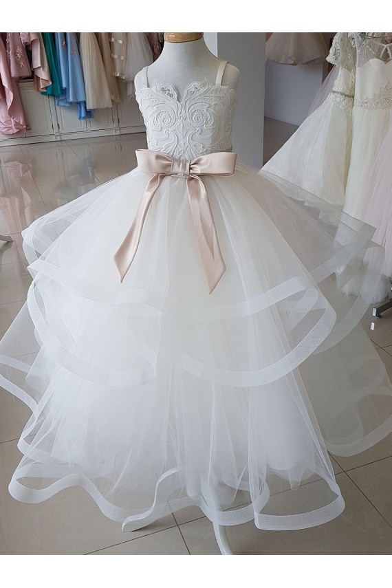 Ball Gown High Neck Tulle & Lace Long Ivory Flower Girl Wedding Dress Barrie