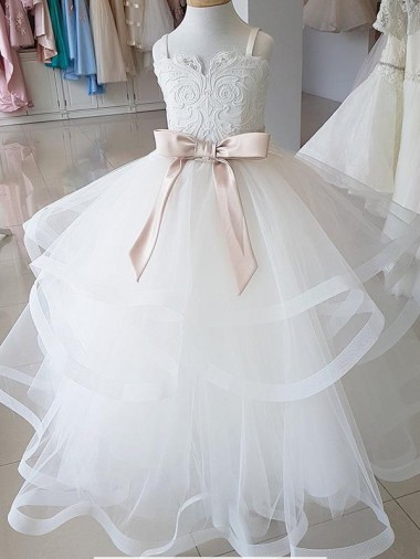Ball Gown High Neck Tulle & Lace Long Ivory Flower Girl Wedding Dress Barrie