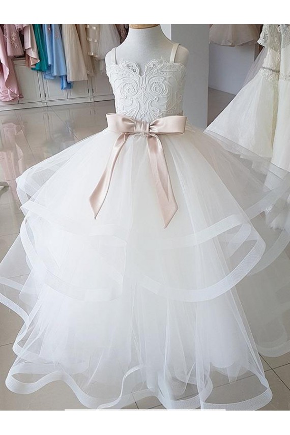 Ball Gown High Neck Tulle & Lace Long Ivory Flower Girl Wedding Dress Barrie