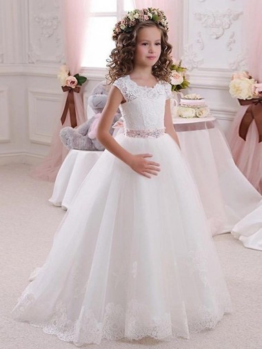 Ball Gowns High Neck Tulle & Lace Long Ivory Flower Girl Dress Barrie