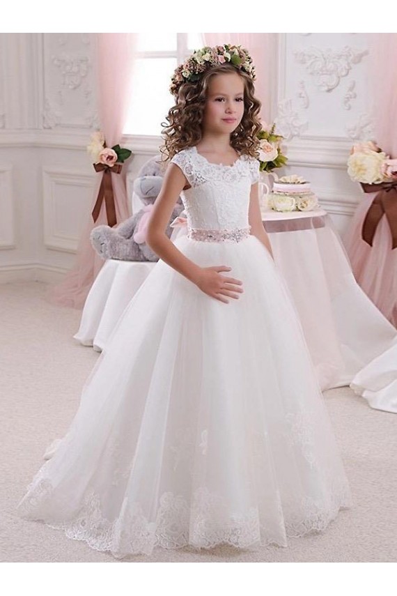 Ball Gowns High Neck Tulle & Lace Long Ivory Flower Girl Dress Barrie
