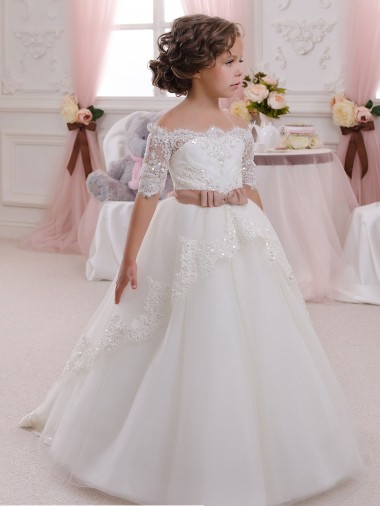 Ball Gown High Neck Tulle & Lace Long Ivory Flower Girl Dresses Barrie