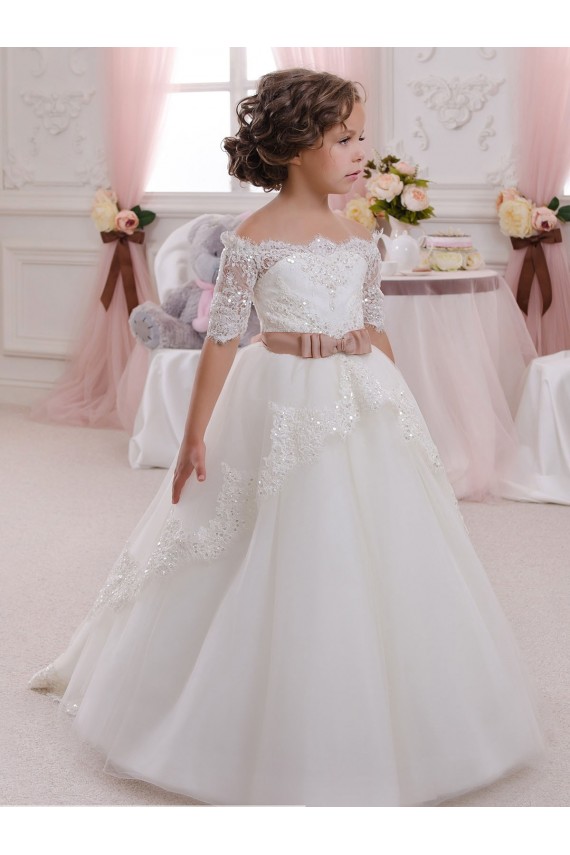 Ball Gown High Neck Tulle & Lace Long Ivory Flower Girl Dresses Barrie