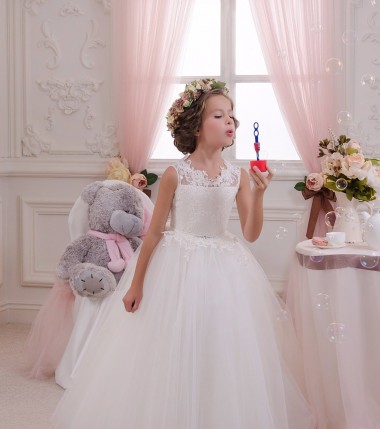 Ball Gown High Neck Tulle & Lace Long Ivory Little Flower Girl Dress Barrie