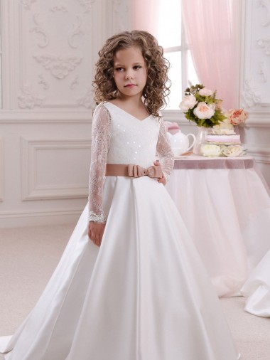 Ball Gown V-Neck Satin & Lace Chapel Train Ivory Flower Girl Dress Barrie