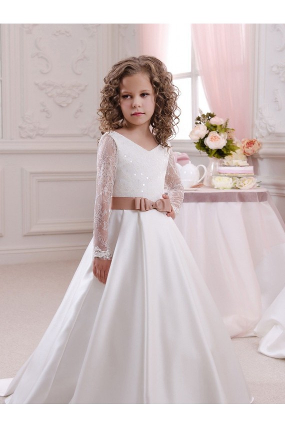 Ball Gown V-Neck Satin & Lace Chapel Train Ivory Flower Girl Dress Barrie