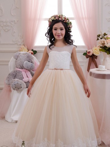 Ball Gown Sweetheart Tulle & Lace Long Ivory & Champagne Flower Girl Dress Barrie