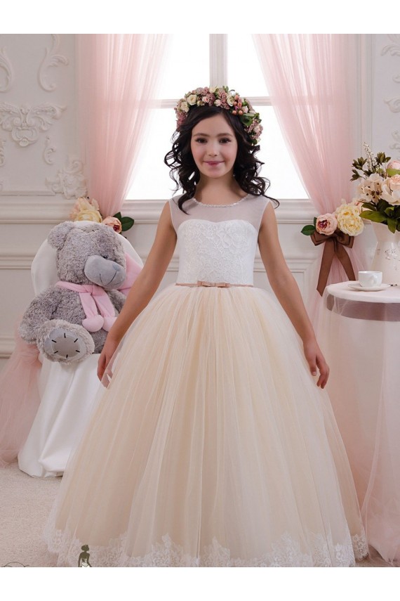 Ball Gown Sweetheart Tulle & Lace Long Ivory & Champagne Flower Girl Dress Barrie
