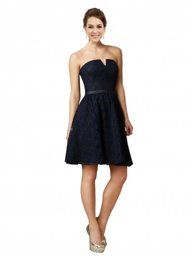 A-Line V-Neck Lace Knee Length Dark Navy Bridesmaid Dress Barrie
