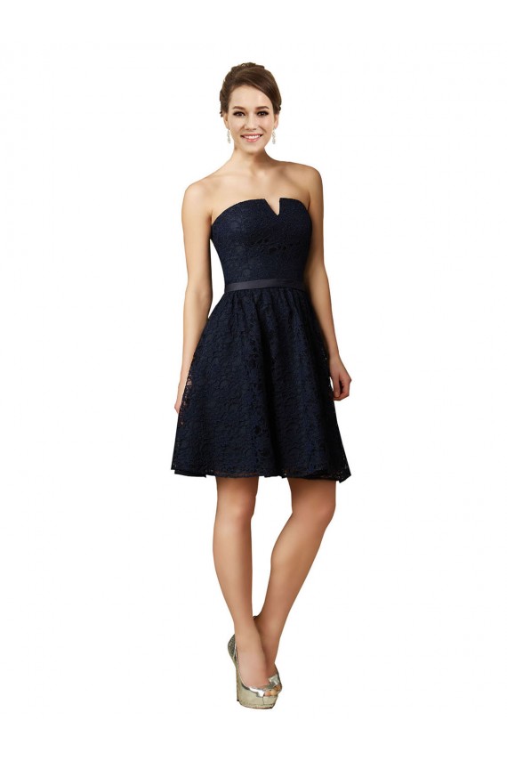 A-Line V-Neck Lace Knee Length Dark Navy Bridesmaid Dress Barrie