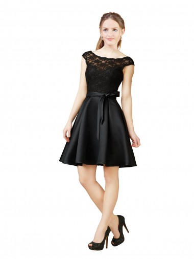 A-Line Illusion Neck Satin & Lace Knee Length Black Bridesmaid Dress Barrie