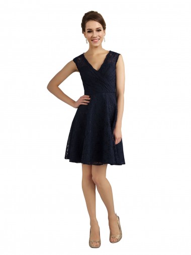 A-Line V-Neck Lace Knee Length Dark Navy Bridesmaid Dress / Evening Dress Barrie