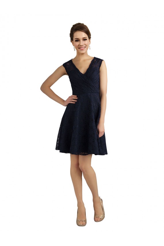 A-Line V-Neck Lace Knee Length Dark Navy Bridesmaid Dress / Evening Dress Barrie