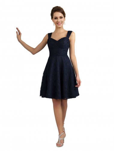 A-Line Sweetheart Lace Knee Length Dark Navy Bridesmaid Dress Barrie