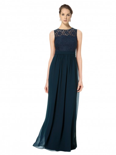 A-Line Illusion Neck Soft Chiffon & Lace Long Dark Navy Bridesmaid Dress Barrie