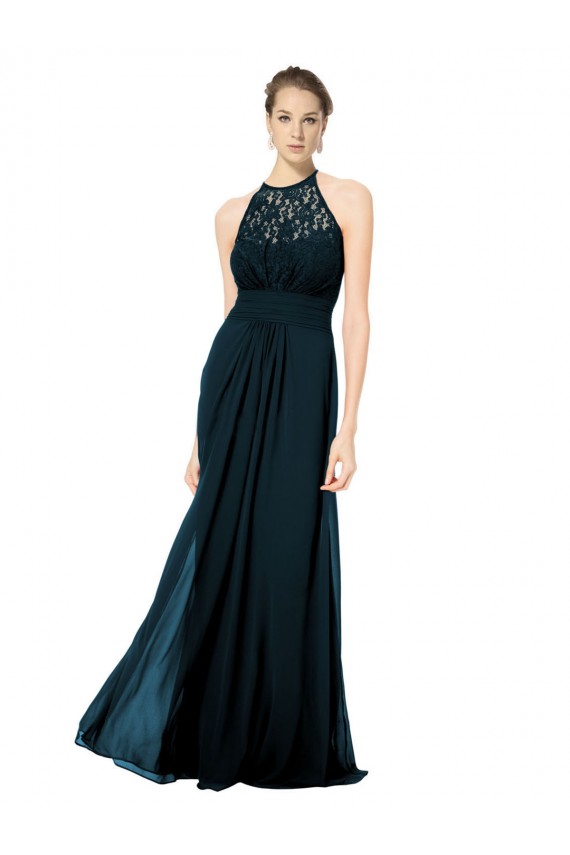 A-Line Illusion Neck Soft Chiffon & Lace Long Dark Navy Formal Dress / Bridesmaid Dress Barrie