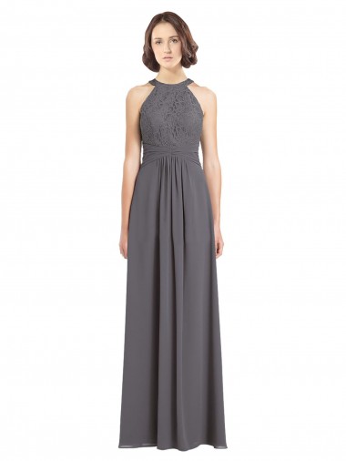 A-Line Halter Neck Soft Chiffon & Lace Long Stormy Silver Bridesmaid Dress Barrie