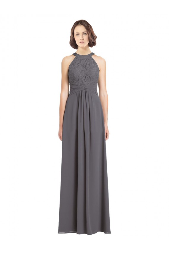 A-Line Halter Neck Soft Chiffon & Lace Long Stormy Silver Bridesmaid Dress Barrie