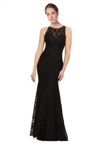 Sheath Jewel Neck Lace Long Black Bridesmaid Dress Barrie