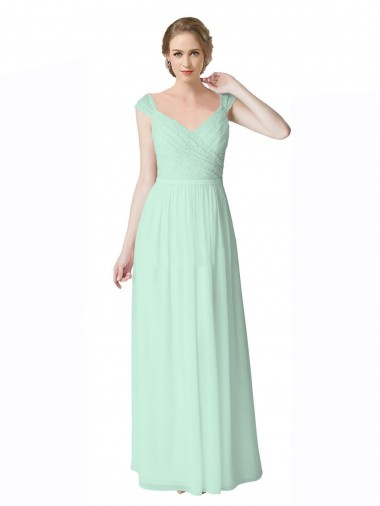 A-Line V-Neck Soft Chiffon & Lace Long Mint Green Bridesmaid Dress Barrie