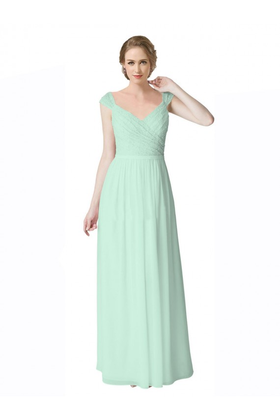 A-Line V-Neck Soft Chiffon & Lace Long Mint Green Bridesmaid Dress Barrie