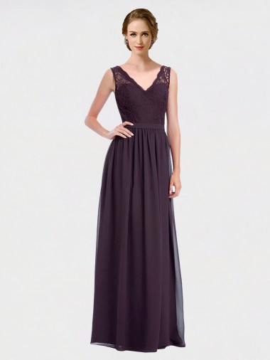 A-Line V-Neck Chiffon & Lace Long Grape Bridesmaid Dress / Evening Dress Barrie