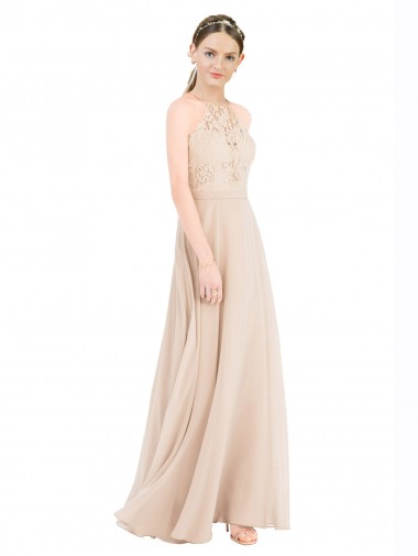 A-Line High Neck Soft Chiffon & Lace Long Champagne Prom Dress / Bridesmaid Dress Barrie