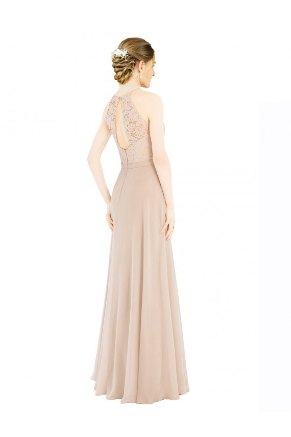 A-Line High Neck Soft Chiffon & Lace Long Champagne Prom Dress / Bridesmaid Dress Barrie